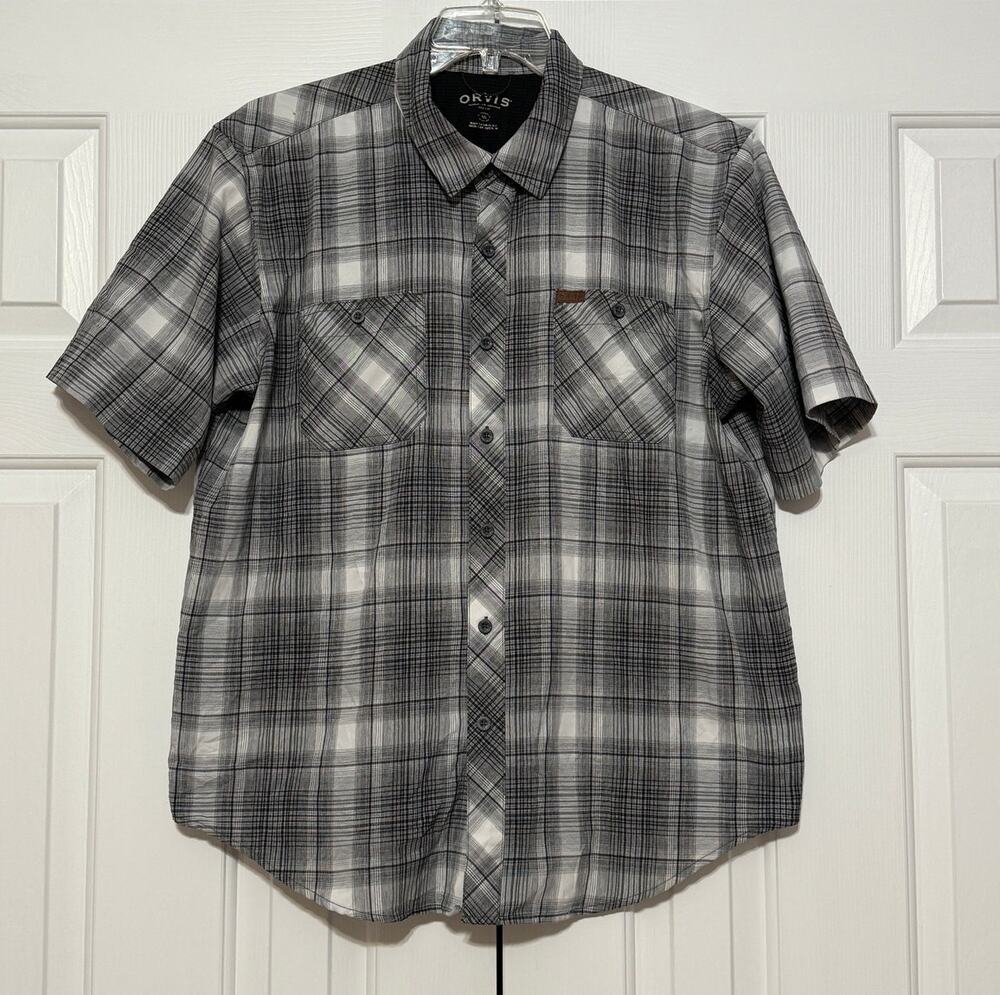 Men's Orvis Gray Plaid Button-Up Short Sleeve Shirt, Size XL